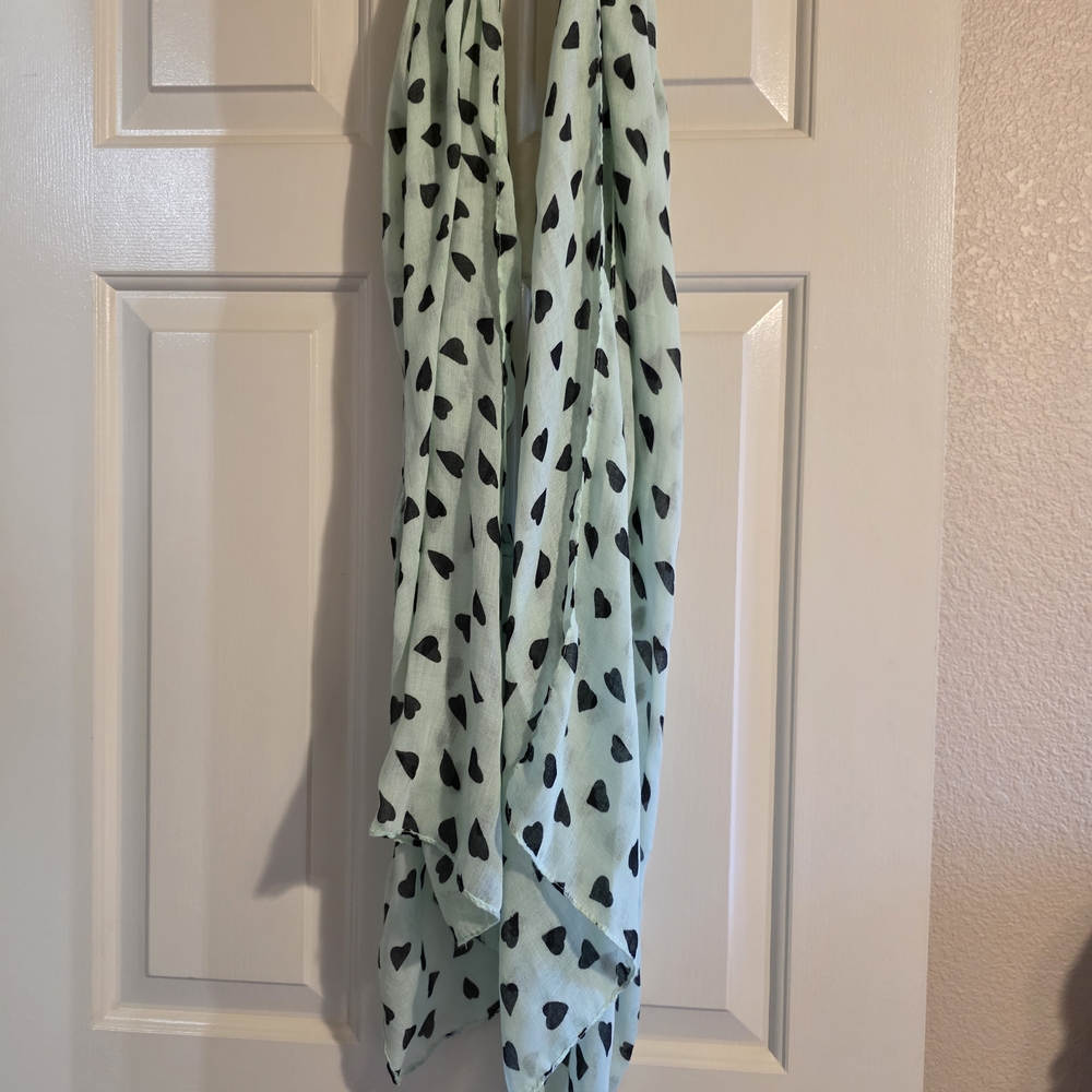 Mint Green Scarf with Black Heart Pattern